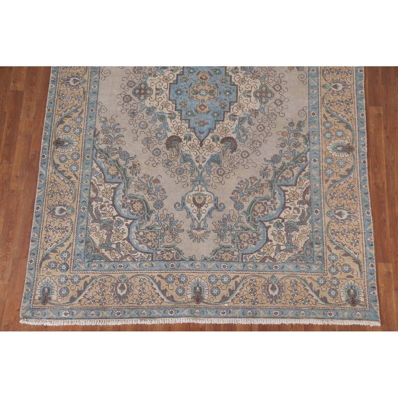 Hand Knotted Oriental 100% Wool Carpet Traditional Floral Beige & Ivories Tabriz Area Rug - 9' 5'' X 6' 5''