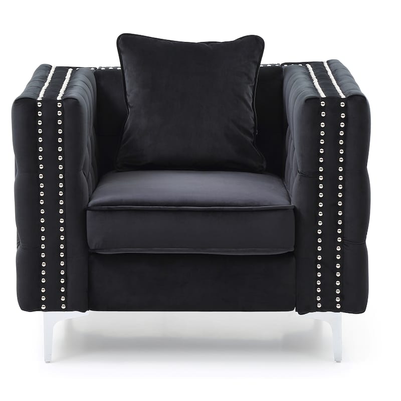 Jeweled Button Tufted Accent Chair with Pillow - 40" - Black and Silver
