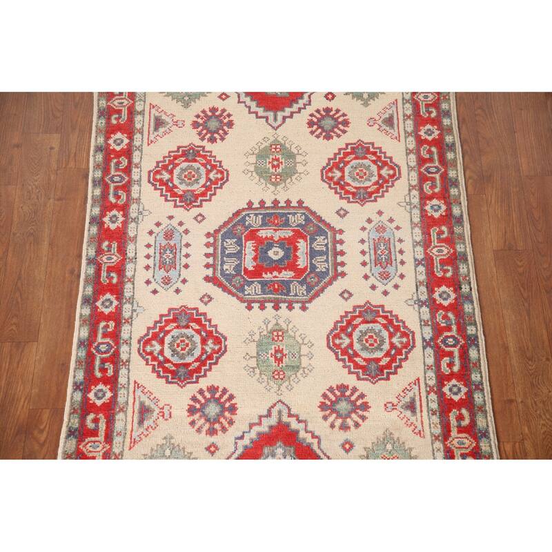 Kazak Accent Rug Hand-Knotted Geometric Beige Wool Carpet - 2'9" x 4'1"