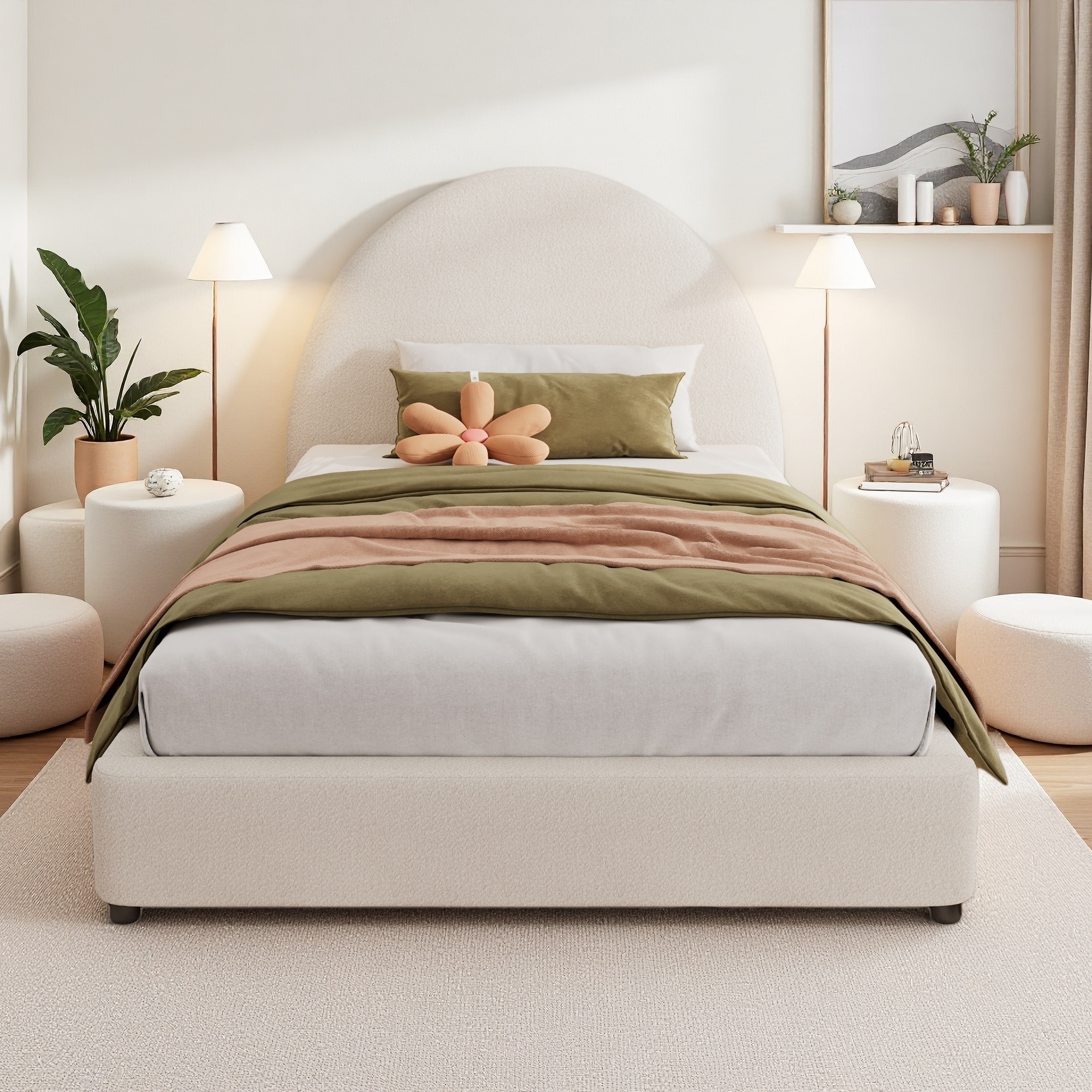 Twin Size Boucle Upholstered Ergonomic Round Headboard Platform Bed Frame, Thick Padded Headboard, No Box Spring Needed