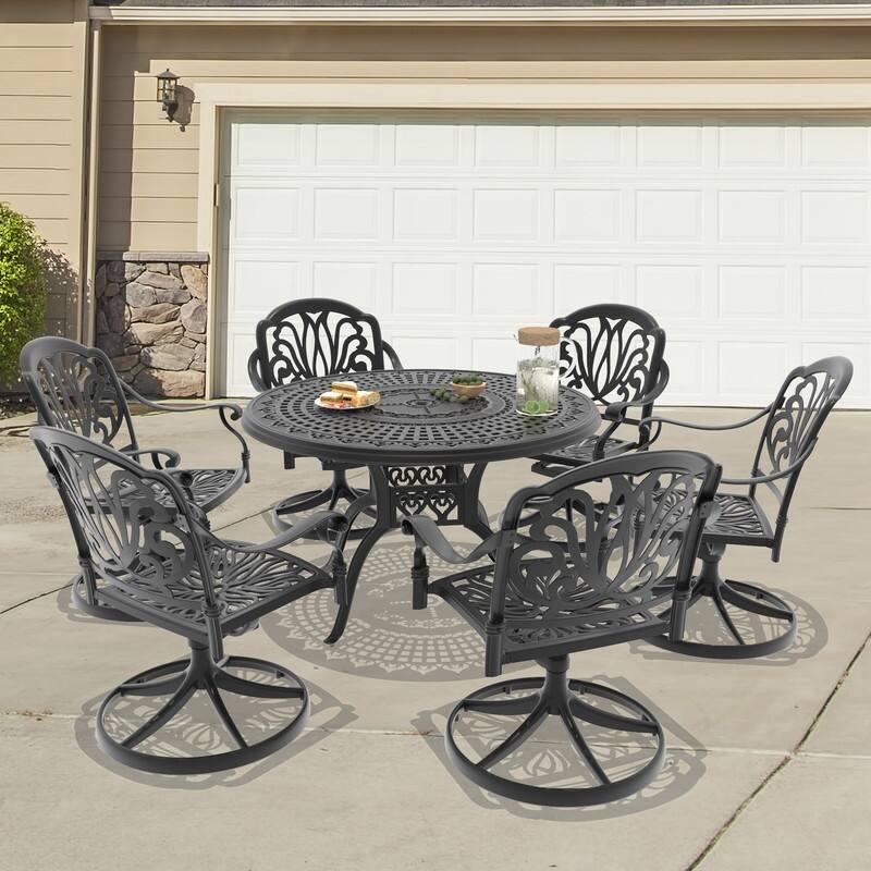 7-Piece Aluminum Round Outdoor Patio Dining Set, 6 Cushioned Swivel Chairs, Table, All-Weather Frames
