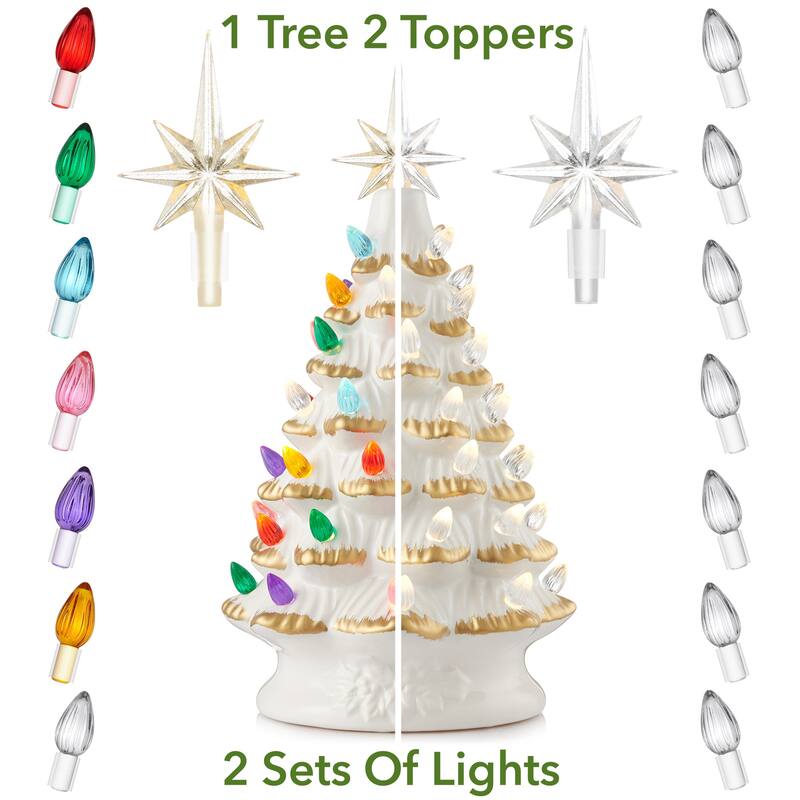 12in Hand Painted Ceramic Christmas Tree PreLit Tree with Star