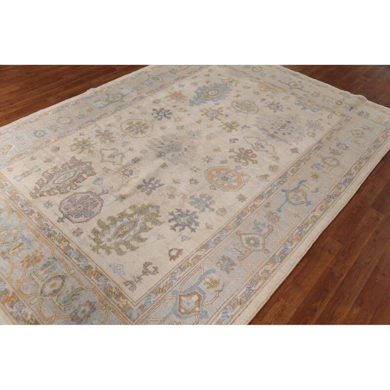 Ivory Oushak Vegetable Dye Turkish Area Rug Handmade Wool Carpet - 6'3"x 9'0"