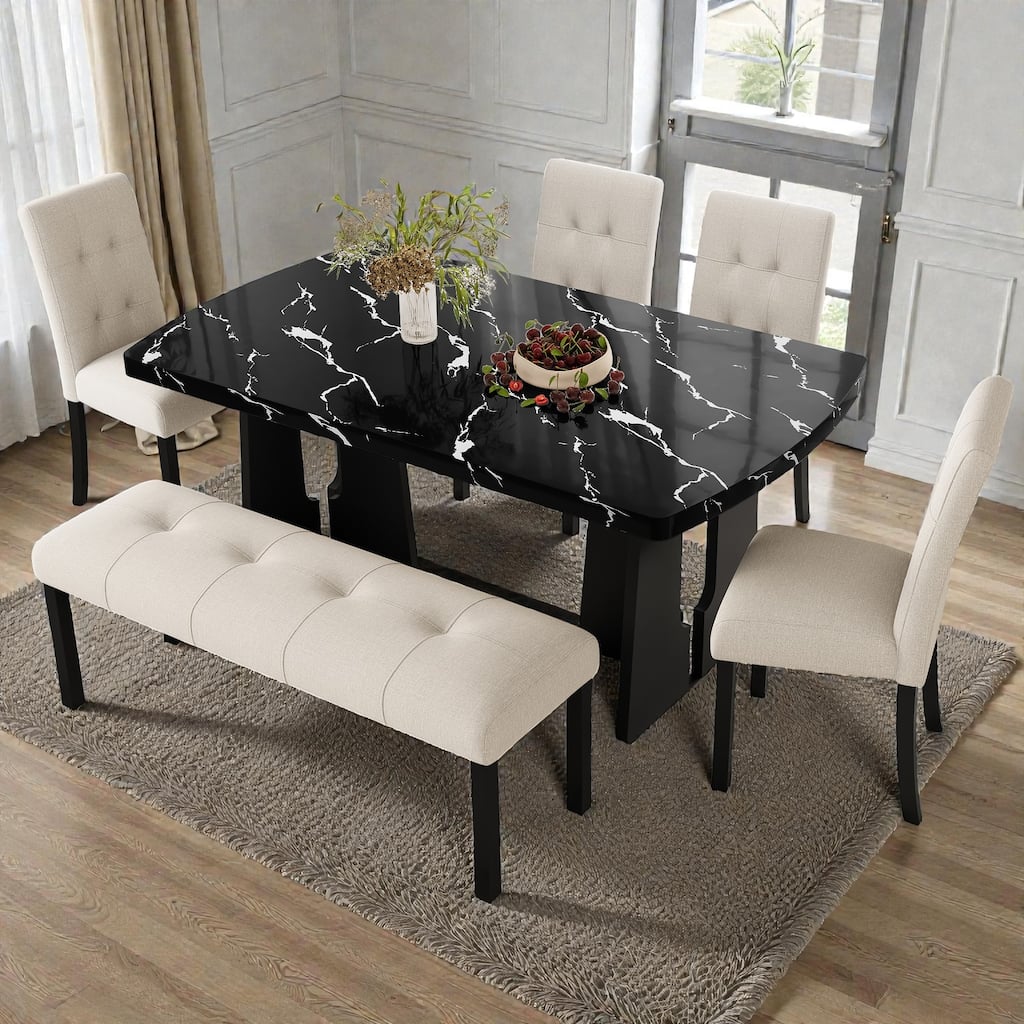 6-Piece Modern Dining Set, 63" Faux Marble Table with Geometric Legs, 4 Upholstered Chairs and Bench for Kitchen Dining Room