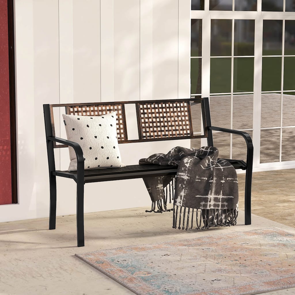 50" Outdoor Metal Park Bench Garden Slatted Bench for 2-3 People