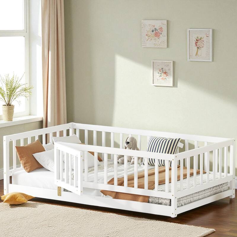 Twin/Full Montessori Floor Bed with Slats, Fence and Door, Wood Low Kids Bed for Girls and Boys, No Box Spring Needed