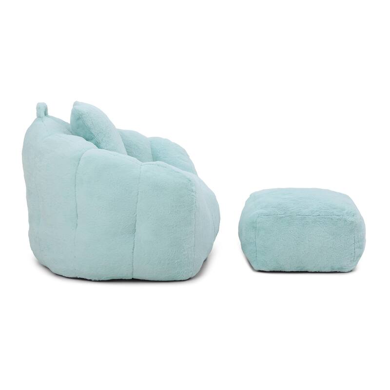 Faux Fur Shell Bean Bag Chair Sets with Footstool and High-Density Foam