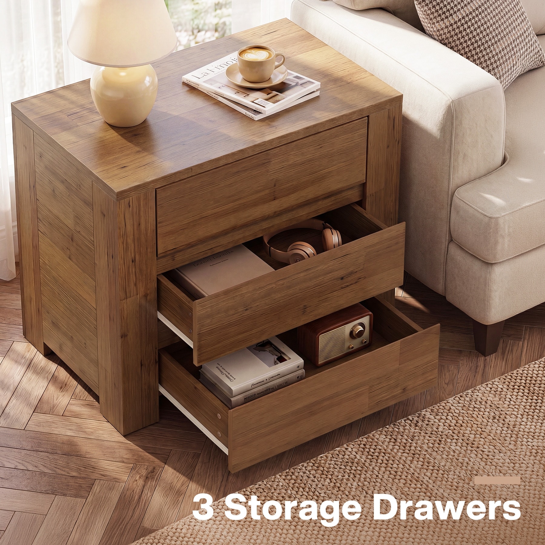 31.5" Nightstand End Table with 3 Drawers, Couch Side Table for Bedroom Living Room - 26.38'' H X 31.5'' W X 17.72'' D