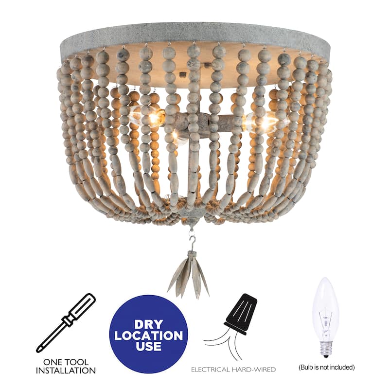 3-Light Vintage Grey Flush Mount with Weathered Gray Wash Wood Beads