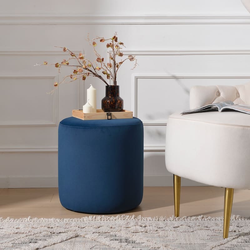 KINWELL Round Upholstered Pouf Ottoman Footrest - 18' x18' x18' - Velvet Navy 18"