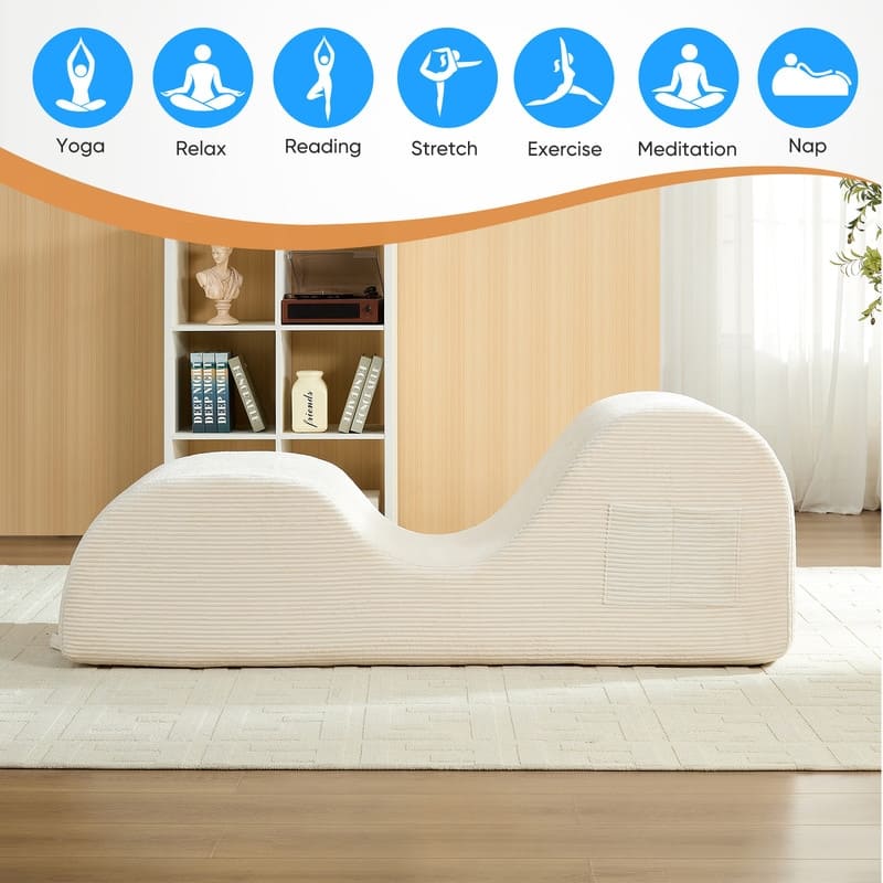 Mixoy Corduroy Yoga Chaise Lounge Chair,Curved Yoga Sofa with Movable Headrest/Waist Cushion/Footrest,Non-Slip Bottom