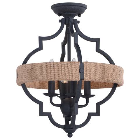 Beaumont 14-in W Gray and Natural Rope Farmhouse Cage Ceiling Light - 14-in. W x 17.25-in. H x 14-in. D