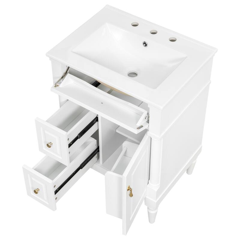 Roomfitters 24" Bathroom Vanity with Sink, Solid Wood Frame, Flip Drawer, 2 Drawers & Door Rack