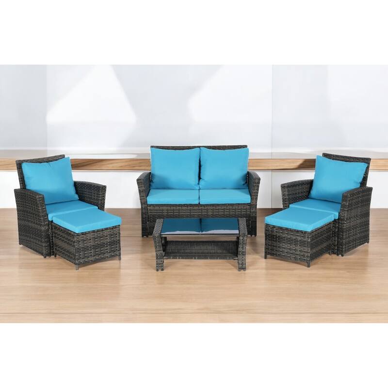 6-Piece Wicker Patio Furniture Set with Cushions & Coffee Table & Ottomans, Sofa for Outdoor Garden, Patio, or Balcony