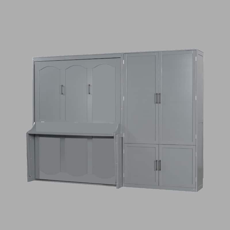 Wall-Mounted Queen Murphy Bed with Storage Closet and Hydraulic Lift System - Grey - Queen