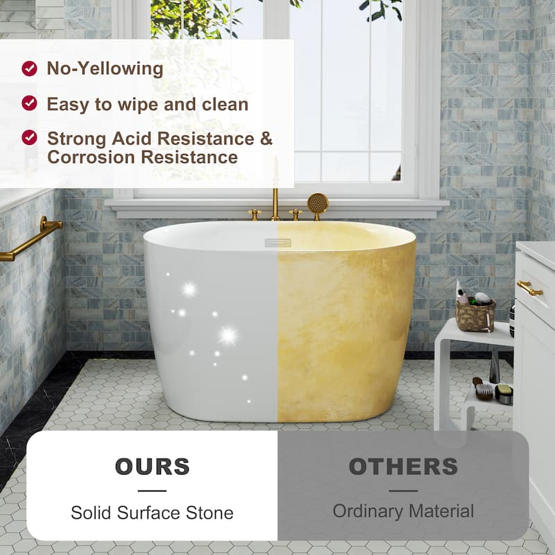 43 in. Freestanding Acrylic Japanese Soaking Bathtub, Oval Compact Space-Saving Design with Included Drainer