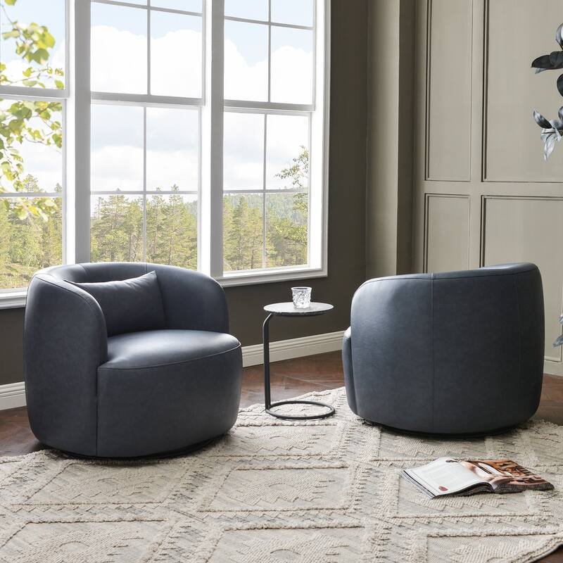 KINWELL 34" Wide Swivel Faux Leather Barrel Armchair Upholstered PU Leather Accent Chairs for Living Room Office Lounge