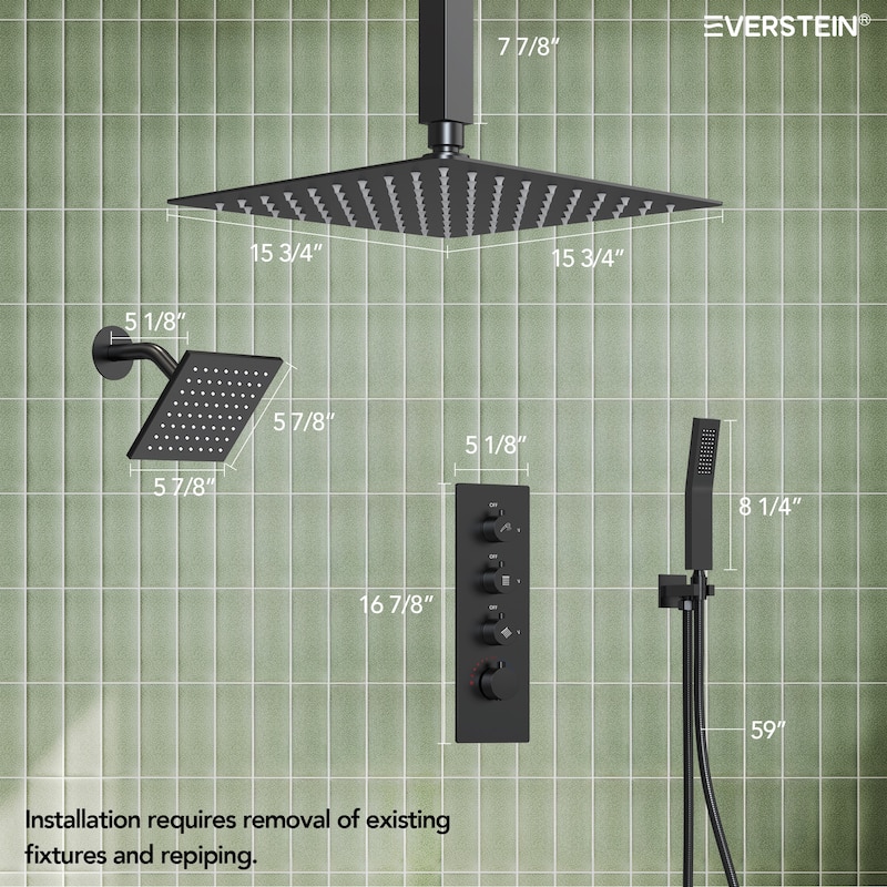 Dual Heads 16" Rainfall & High Pressure 6" Shower System w/ 3 Way Thermostatic Faucet 