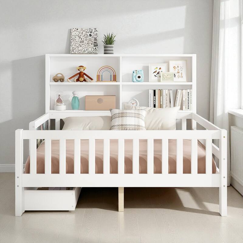 Twin/Full Solid Wood Platform Bed with Chalkboard Headboard, Storage Drawers and Shelves, Space-Saving Kids Bed