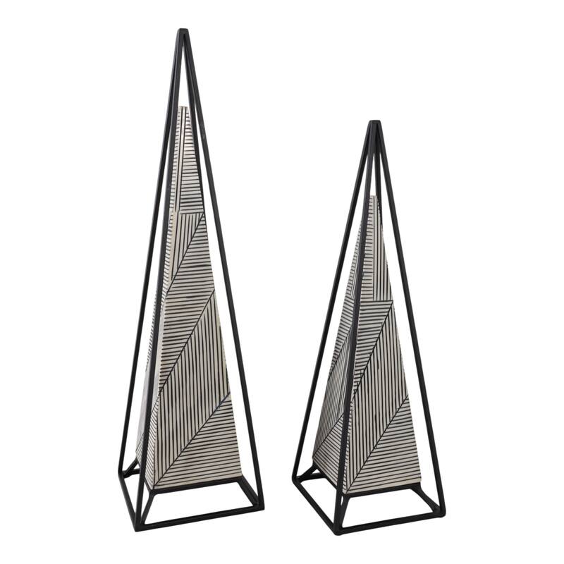 Iron Wood Pyramid Sculpture Geometric Design (Set of 2) - 26/21" Multi - 7" x 7" x 26"