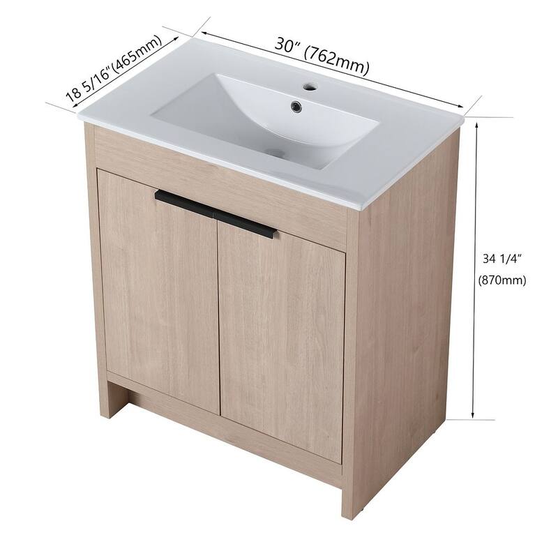 24", 30", 36" Freestanding Bathroom Vanity with White Ceramic Sink & Soft-Close Doors