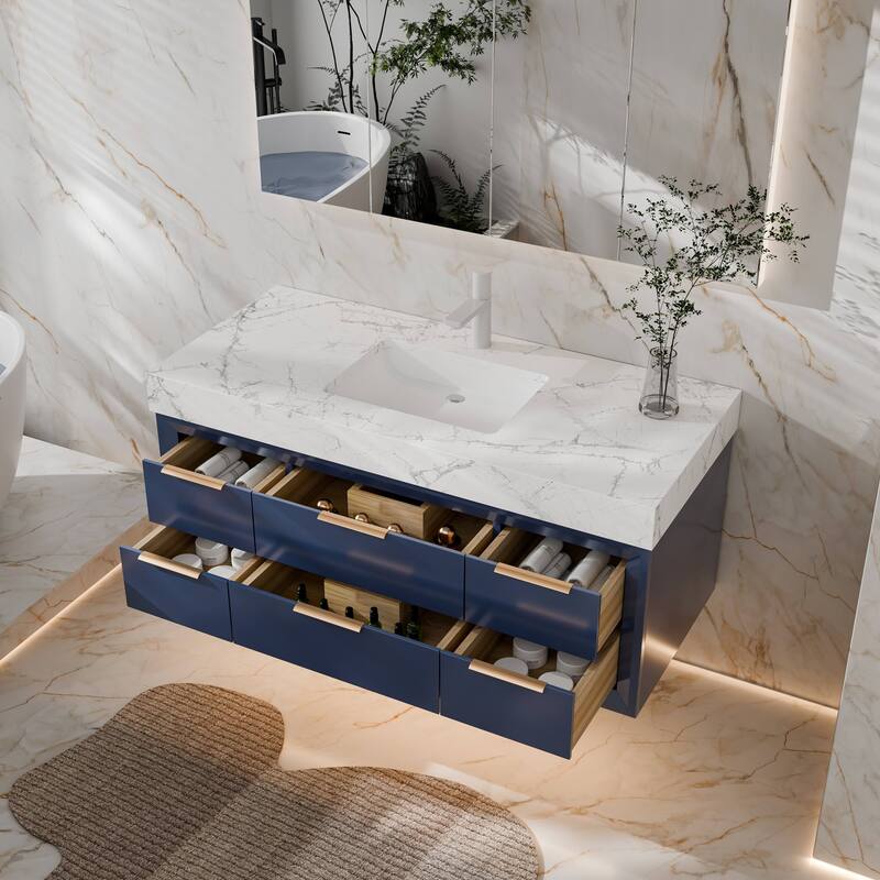 Modland 48" Modern Floating Bathroom Vanity with Single Sink, Soft-Close Drawers, White Stone Countertop