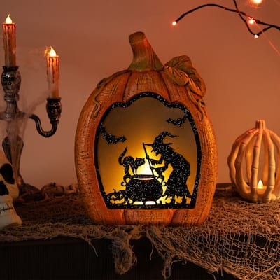 Witch Stirring Flickering Cauldron Scene Inside Pumpkin Halloween Decoration - 13" - LED Orange Light
