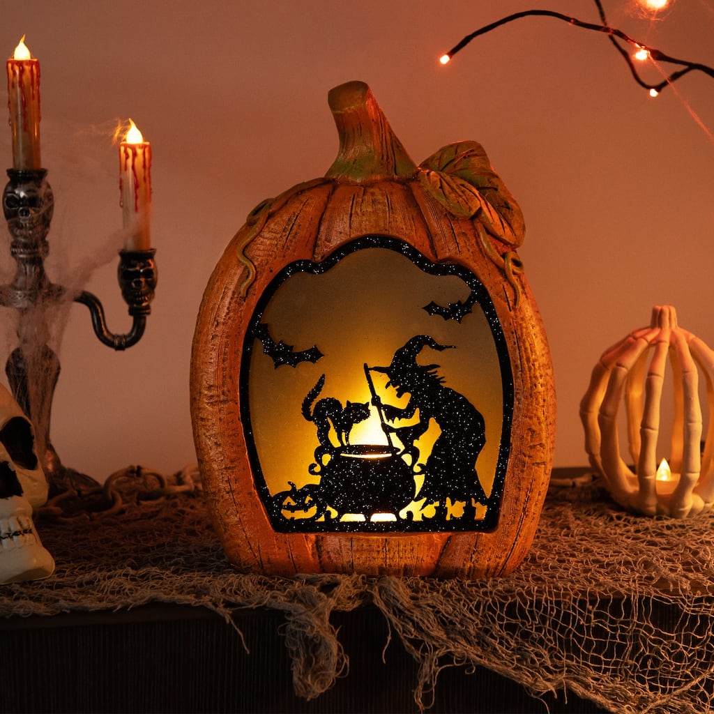 Witch Stirring Flickering Cauldron Scene Inside Pumpkin Halloween Decoration - 13" - LED Orange Light