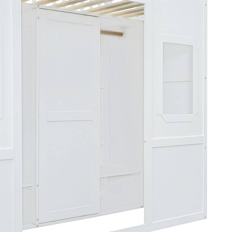 Solid Wood Loft Bed w/ Bulit-in Wardrobe, Hanging Rod & Storage Shelves, Twin/Full Size Playhouse Design Loft Bedframe w/ Window