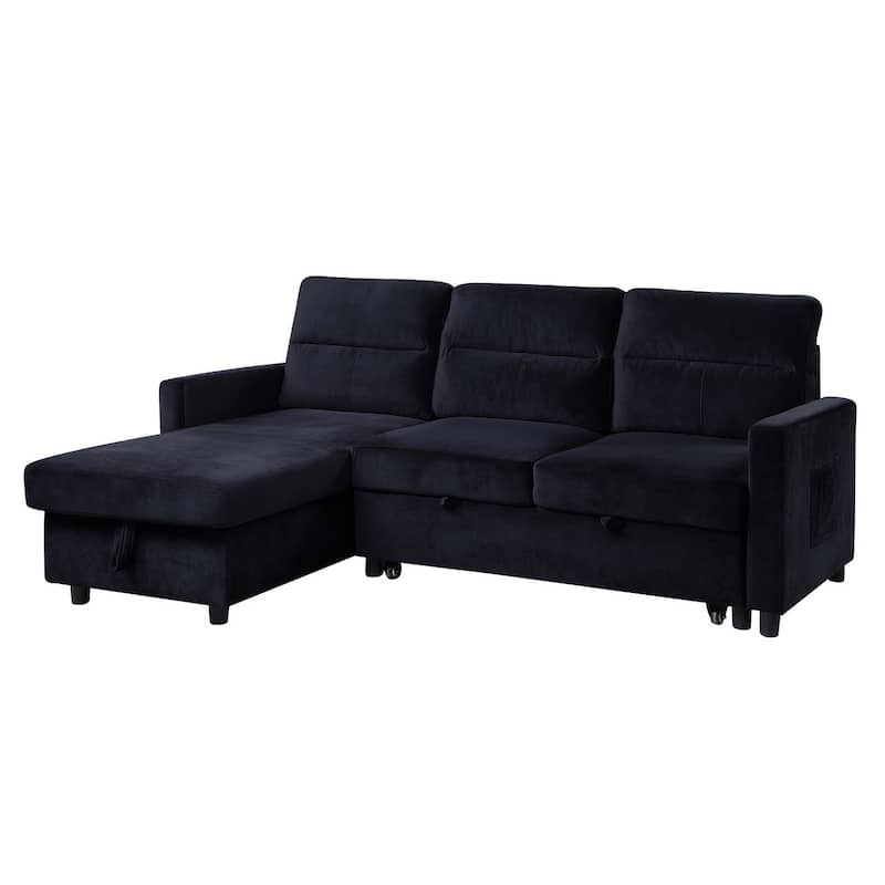 Velvet Reversible Sleeper Sofa with Storage Chaise in Black