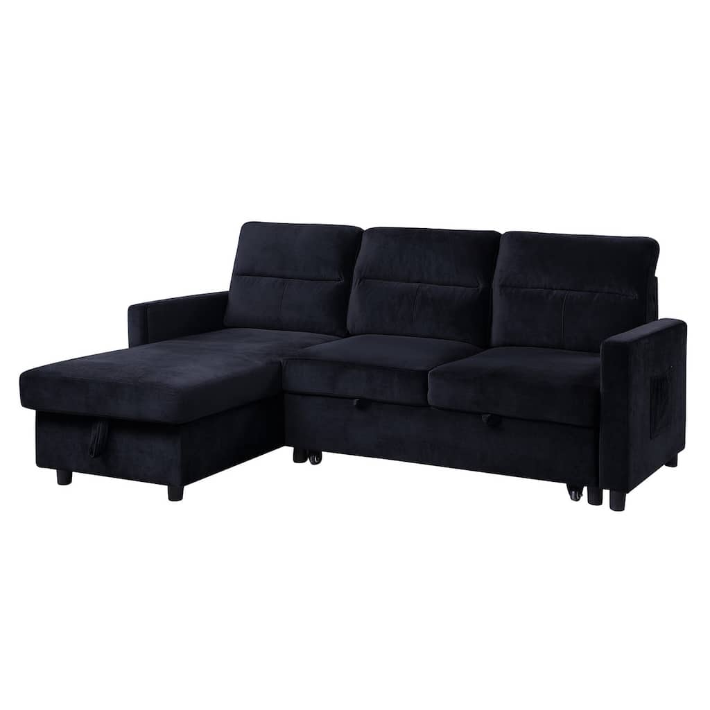 Velvet Reversible Sleeper Sofa with Storage Chaise in Black