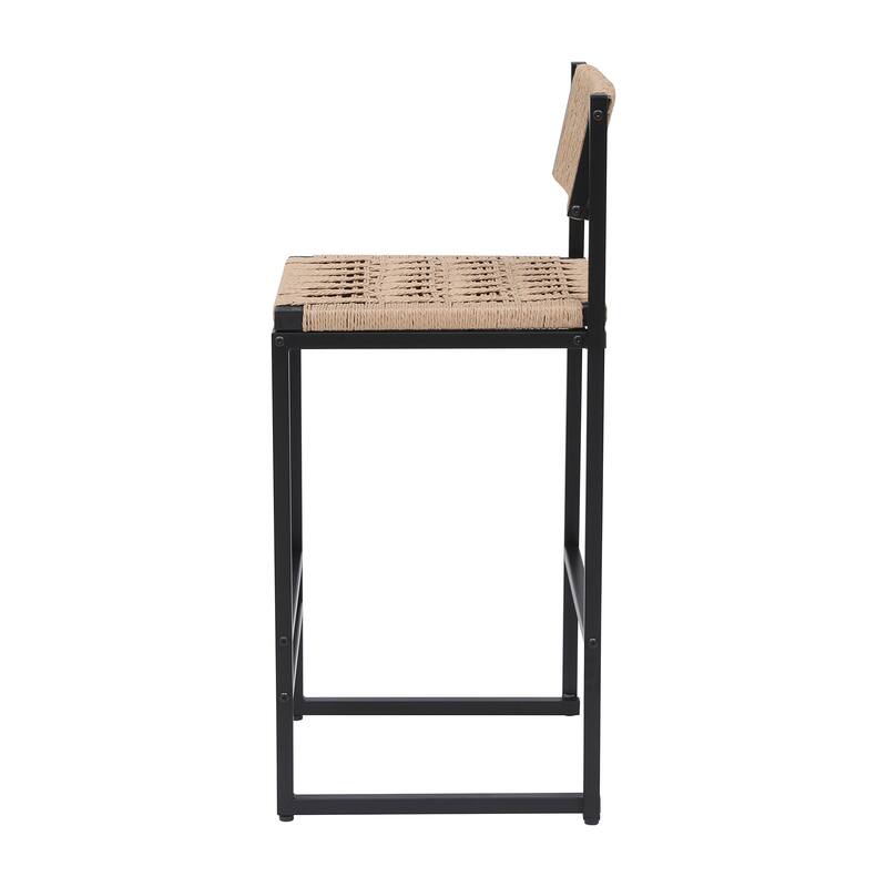 Paper Rope Woven Bar Stools Set of 2, Dining Chairs with Metal Frame, Kitchen Bar Stools with Back and Footrest
