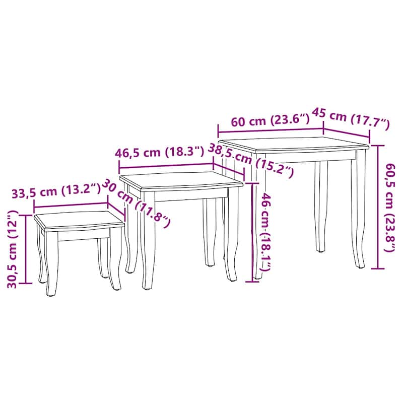 vidaXL Nesting Side Tables 3 pcs Brown Solid Mahogany Wood - 23.62 x 17.72 x 23.82 in