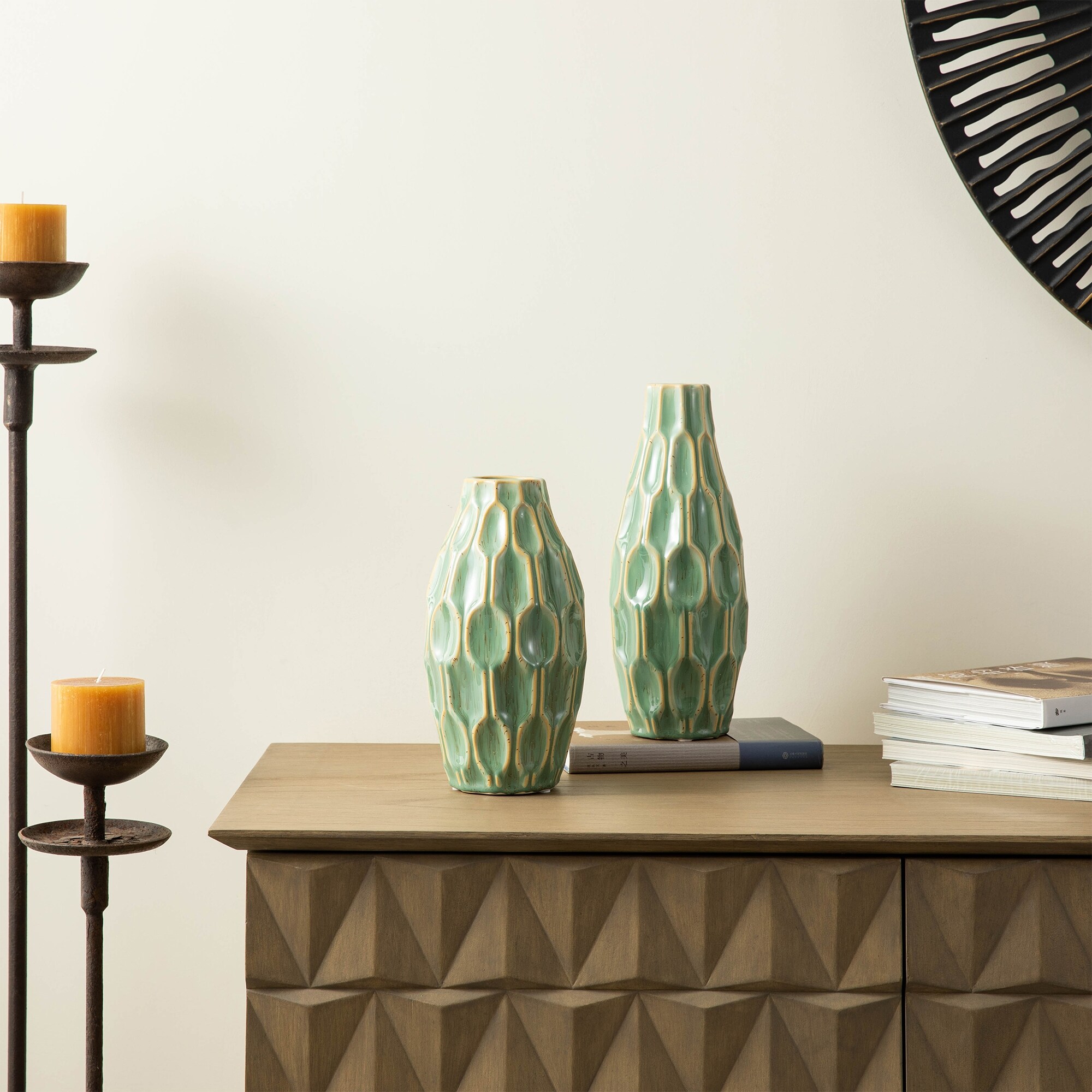 Glitzhome Set of 2 Modern Geometric Green Ceramic Table Vases - On