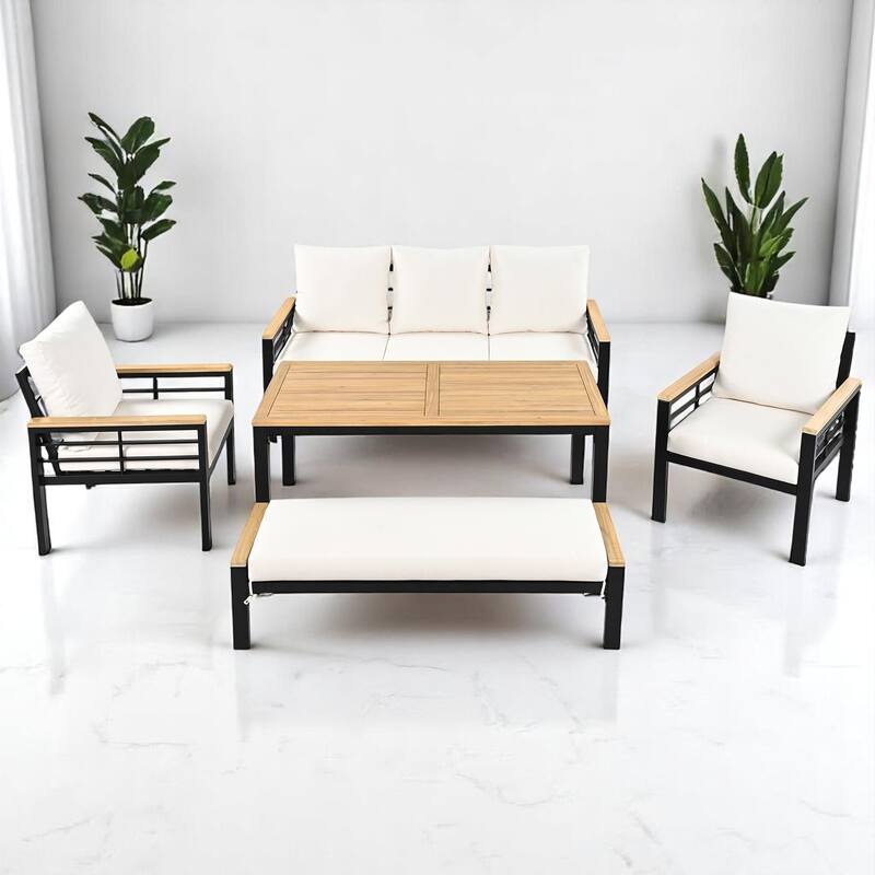 5-Piece Outdoor Patio Furniture Set with Acacia Wood Table, 3-Seat Sofa,2 Armchairs, and Bench,Cushions,outdoor Conversation Set - Black+Beige