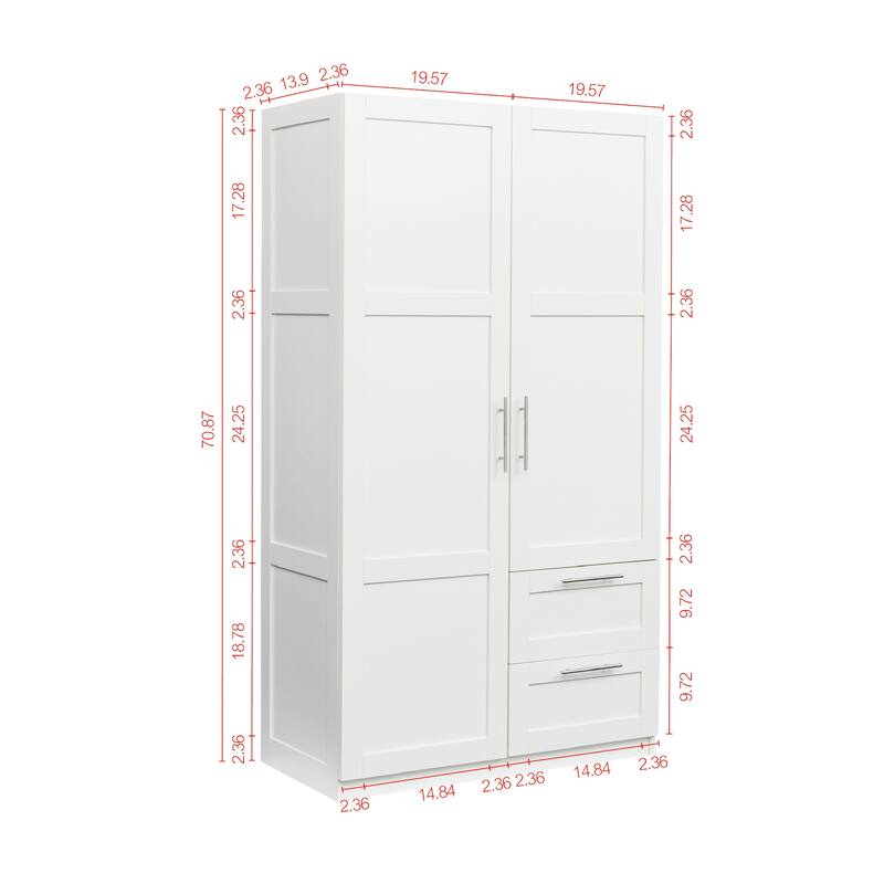 2 Door Wooden Wardrobes, Equipped with Suspension Rods and Drawers, Large Capacity Bedroom Wardrobe Storage Cabinets