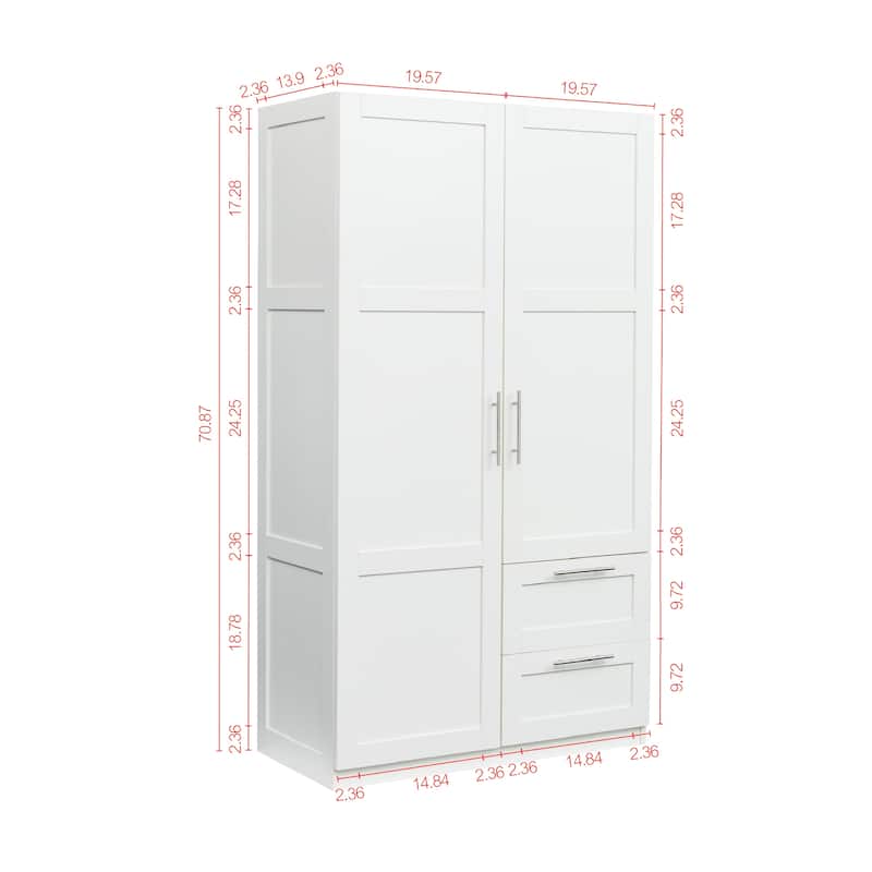 Wood Armoire Wardrobe Closet with 2 Doors, 70.87'' Wardrobe Cabinet with 2 Drawers and Hanging Rail for Bedroom