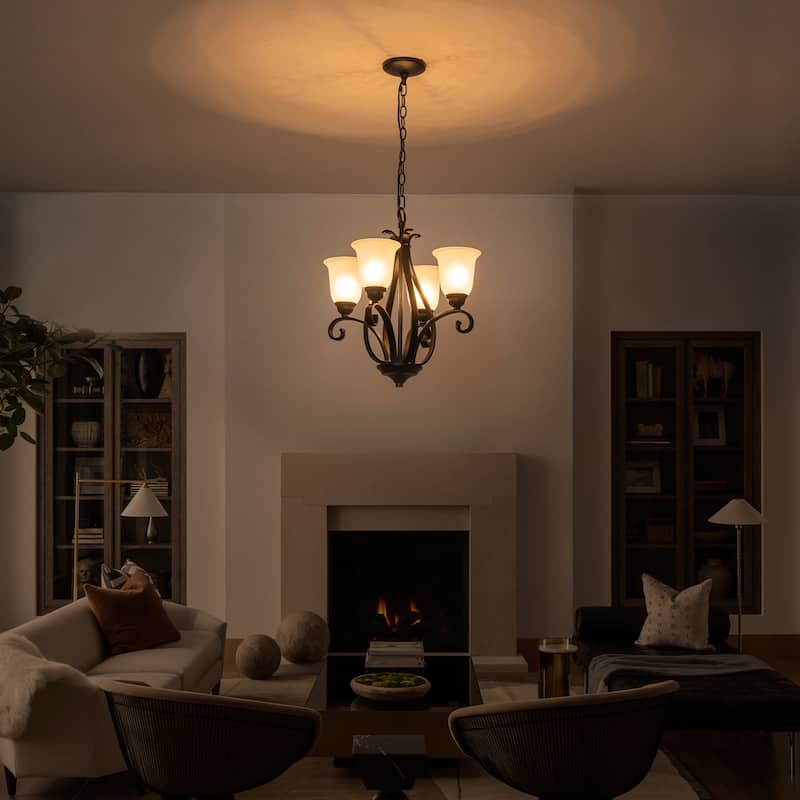 Matte Black 4-Light Candelabra Chandelier with Bell Glass Shades - Dia.8.39-in