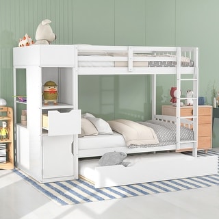 Easy to Assemble Twin Size Bunk Bed with Trundle and Attached Multifunctional Locker,3 Beds in 1