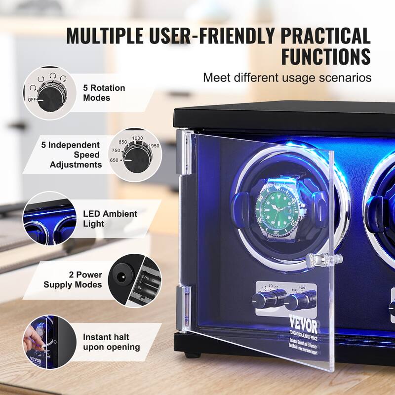 VEVOR Watch Winder with 1-8 for Men's and Women's Automatic Watches with Super Quiet Japanese Mabuchi Motors LED Lights