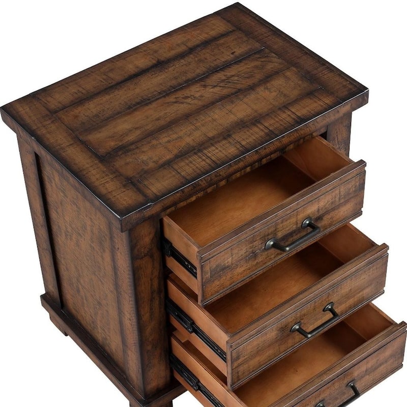 HomeRoots 26" Walnut Wood Distressed Three Drawer Nightstand