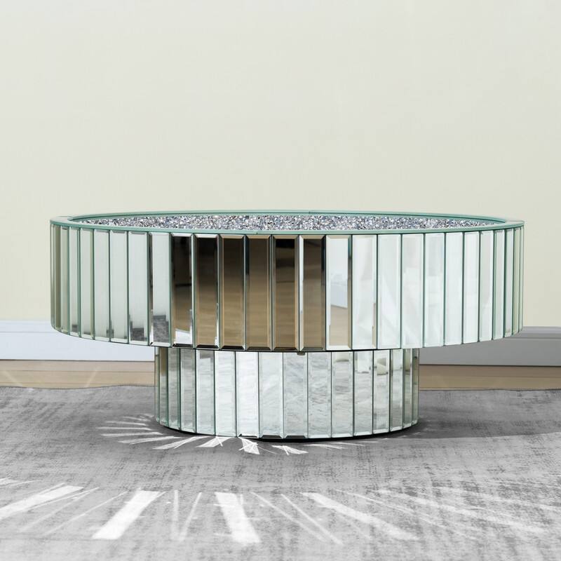 Round Mirrored Coffee Table Accent Table with Crushed Diamond