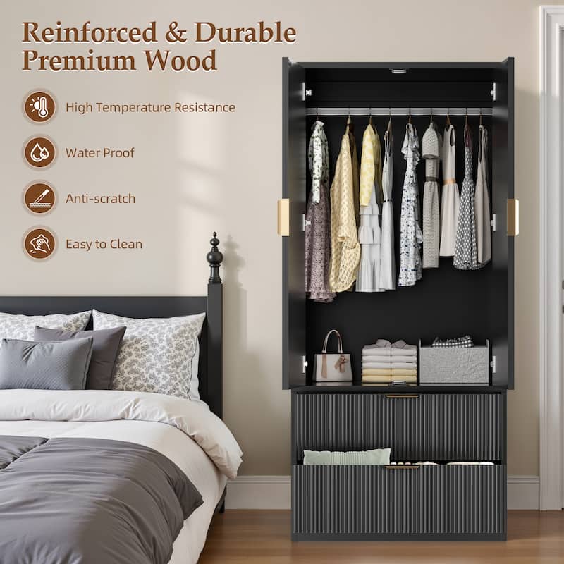 Pocassy 70" H Wardrobe Closet with 2 Doors and 2 Drawers