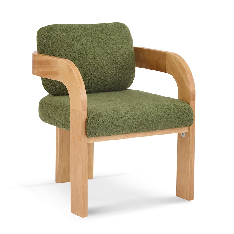 2-Pack Dining Chairs with Pillow Back, Green Boucle Fabric, Natural Color Solid Wood Frame
