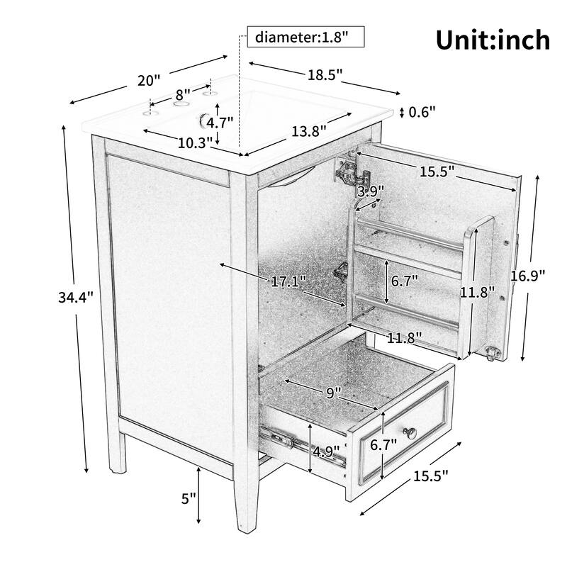 Compact 20" Bath Vanity with Integrated Sink‌ – Features Storage Cabinet, Adjustable Feet & Convenient Drawer