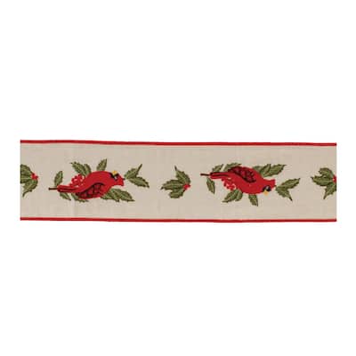 4" Wide Beige Red Wired Holiday Ribbon with Holly Leaves and Cardinal Design for Crafts and Wrapping - 180”L x 4”W x 0.25”H