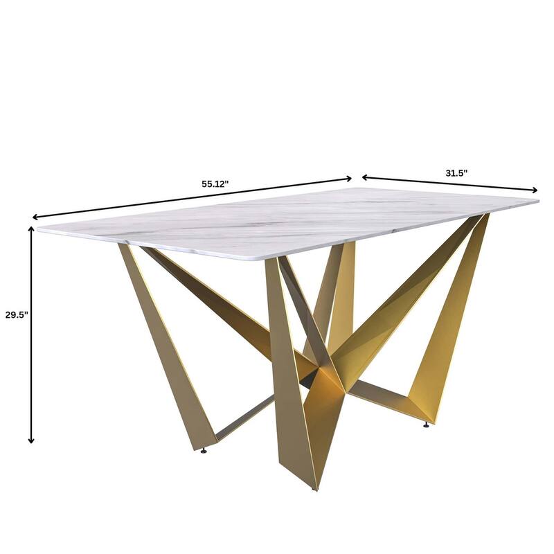 Nuvor Rectangular Sintered Stone or Glass Tabletop Dining Table with Powder-Coated Gold Steel Base for Kitchens & Dining Rooms