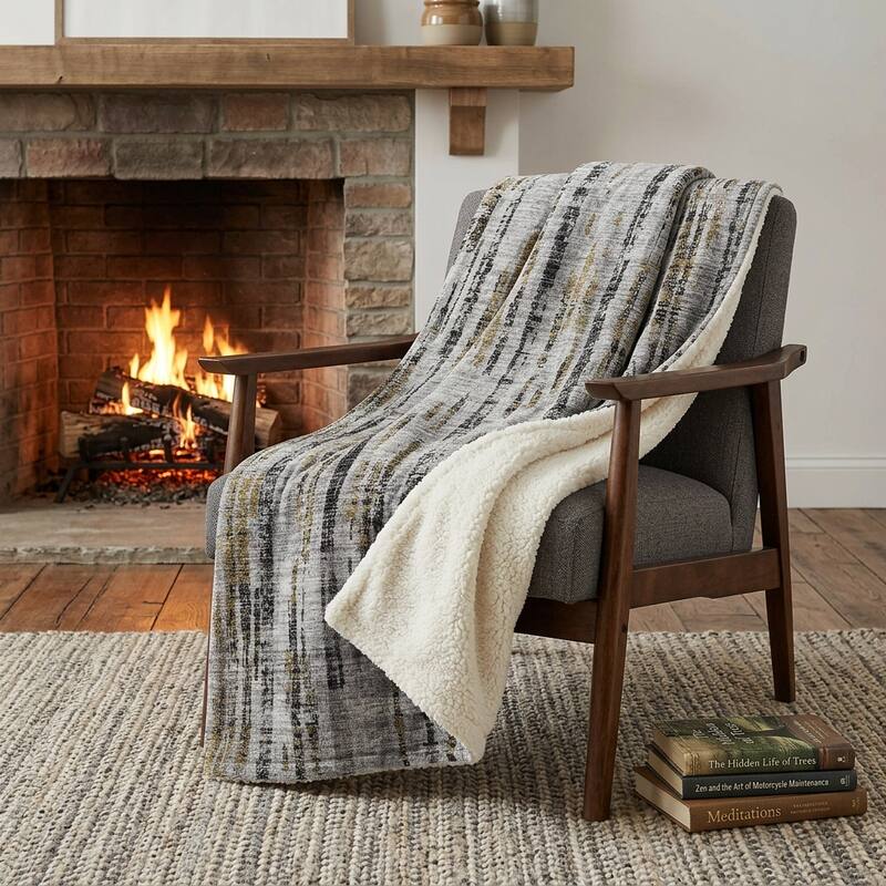 HomeRoots 50" X 70" Silver Charcoal And Gold Abstract Polyester Woven Plush Throw Blanket - Throw - Charcoal/Gold/Silver