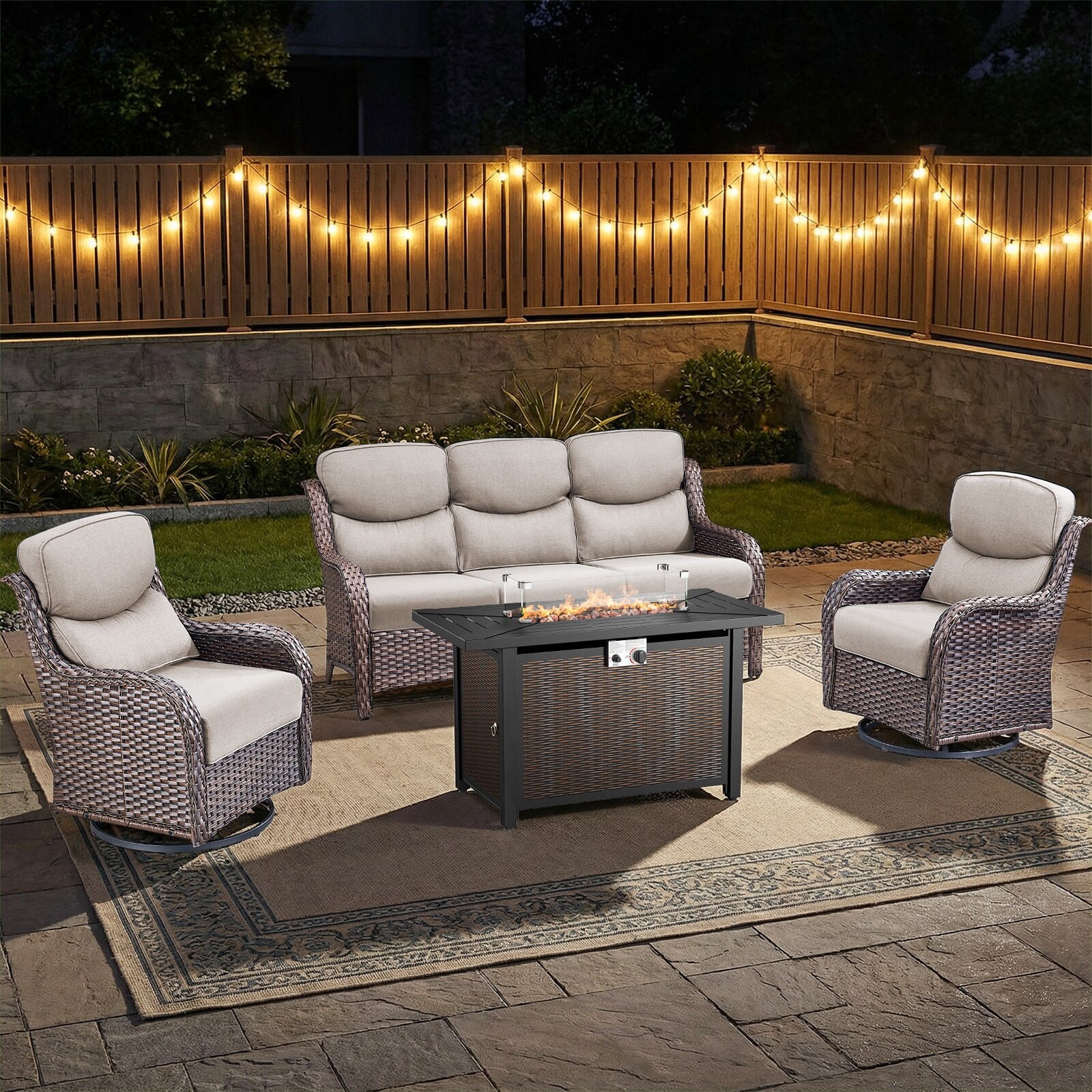 Pocassy Patio Sofa Swivel Chair Set with 43" Fire Pit Table
