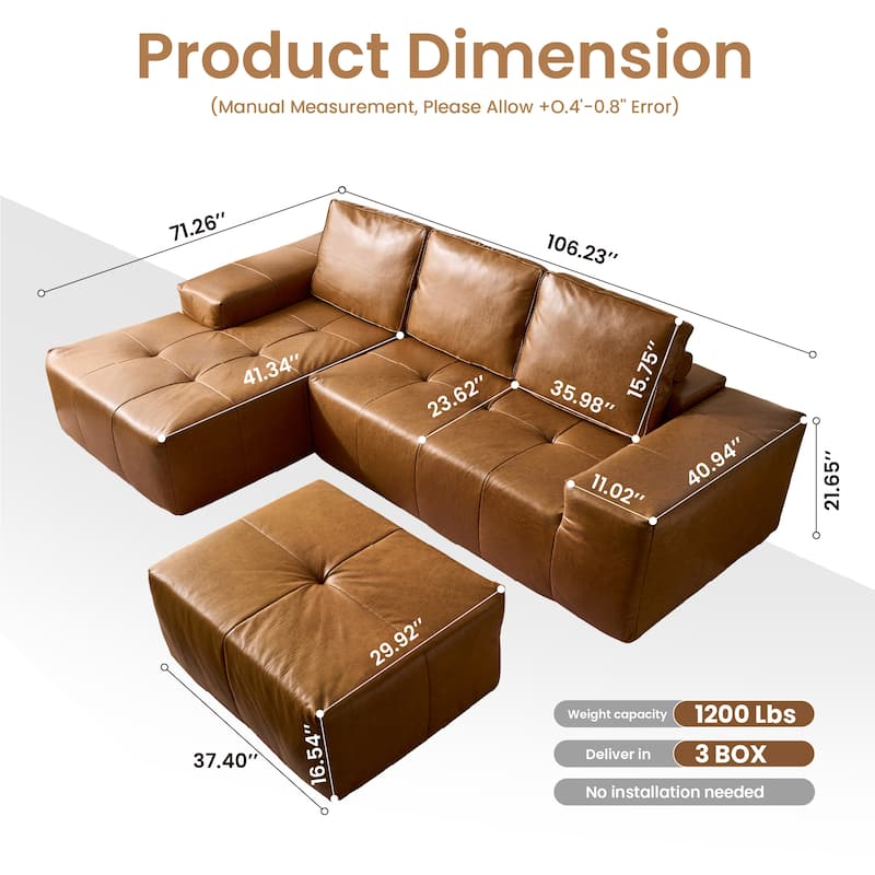 HOOOWOOO Mid-Century Modern Leather L-shaped Sectional Sofa Couch with Ottoman
